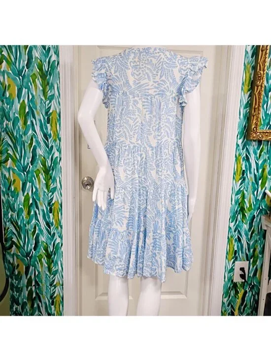 Roller Rabbit Mini Dress Women's Blue White Floral Print Linen Ruffle Sleeve - Picture 3 of 10